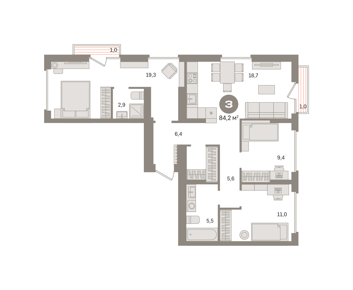 3 комн. Квартира 84.2 кв. м