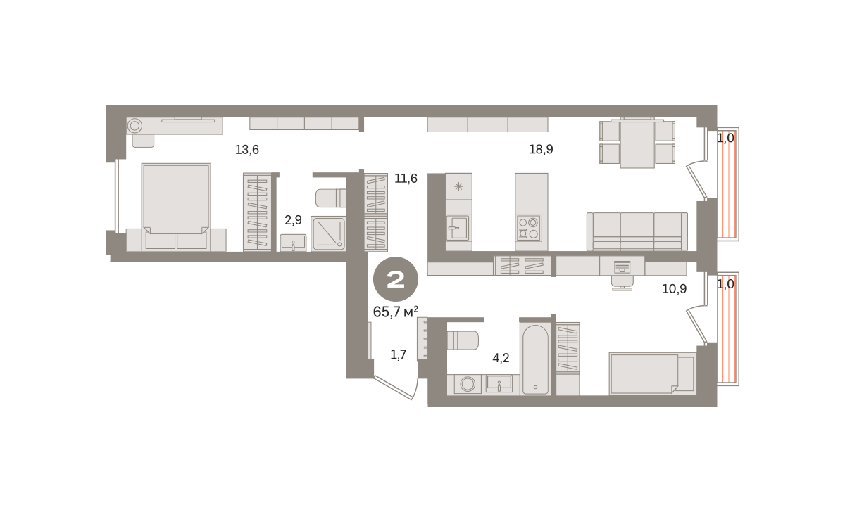 2 комн. Квартира 65.7 кв. м