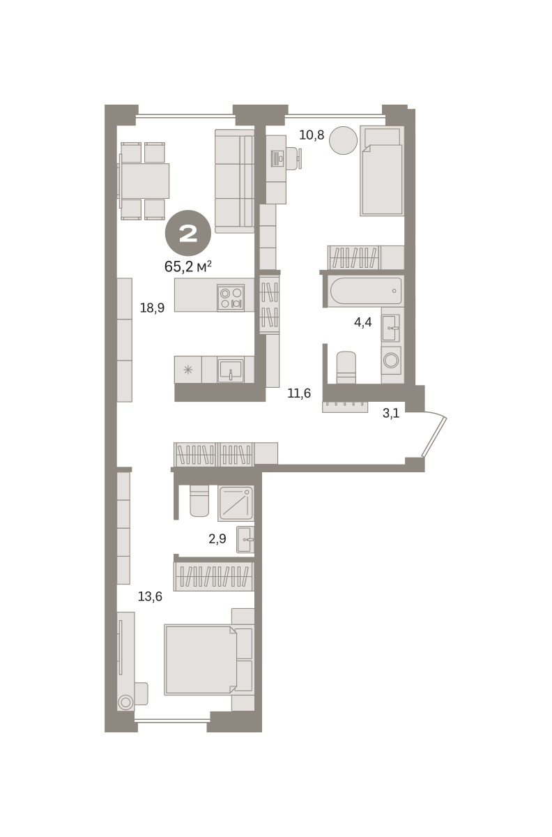 2 комн. Квартира 65.2 кв. м