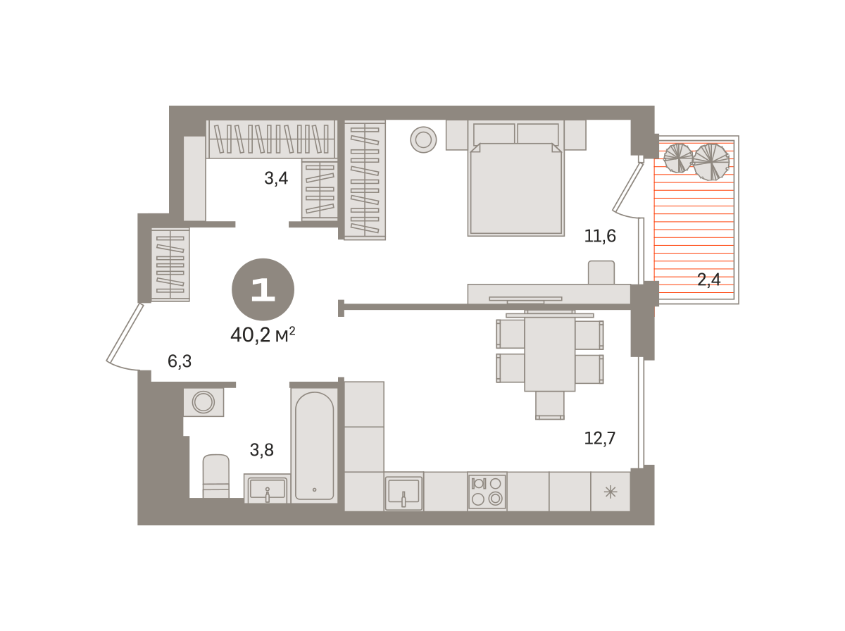 1 комн. Квартира 40.2 кв. м