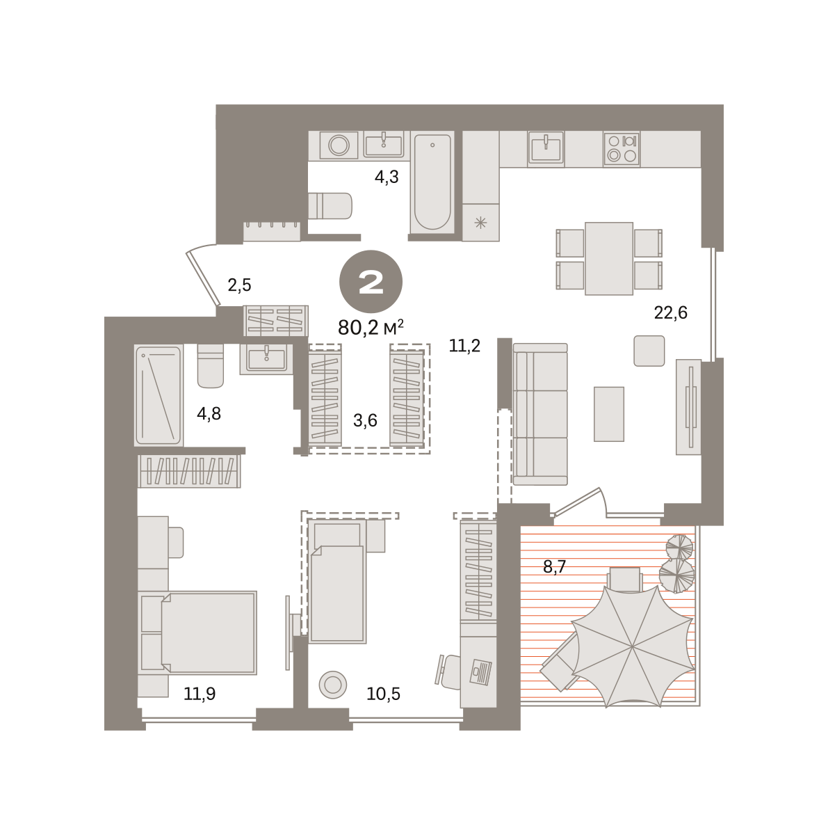 2 комн. Квартира 80.2 кв. м