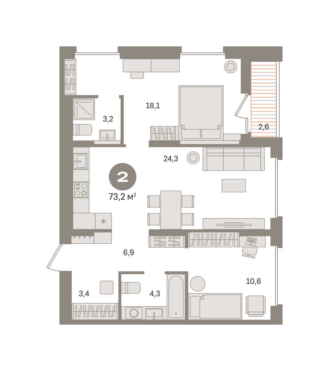2 комн. Квартира 73.2 кв. м