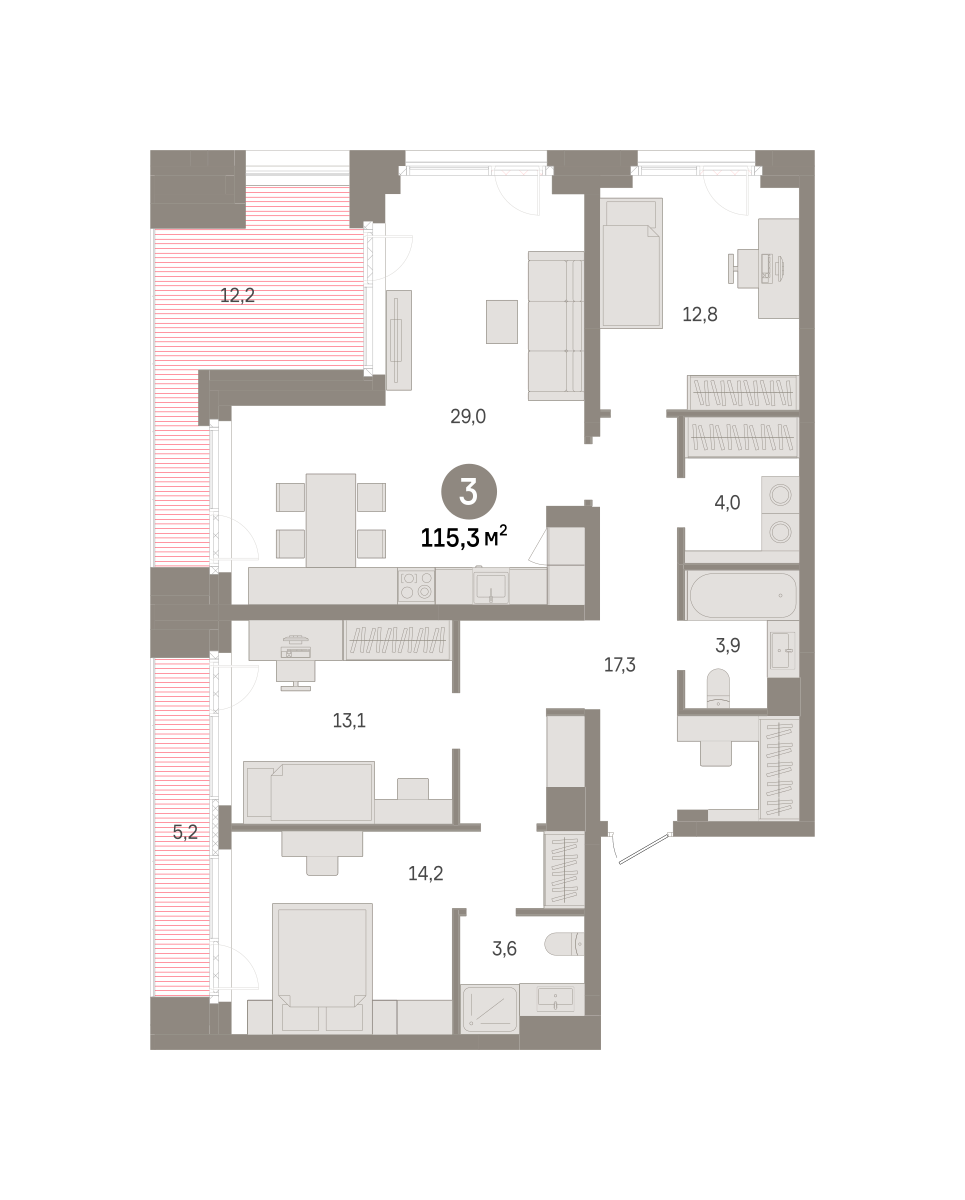 3 комн. Квартира 115.3 кв. м