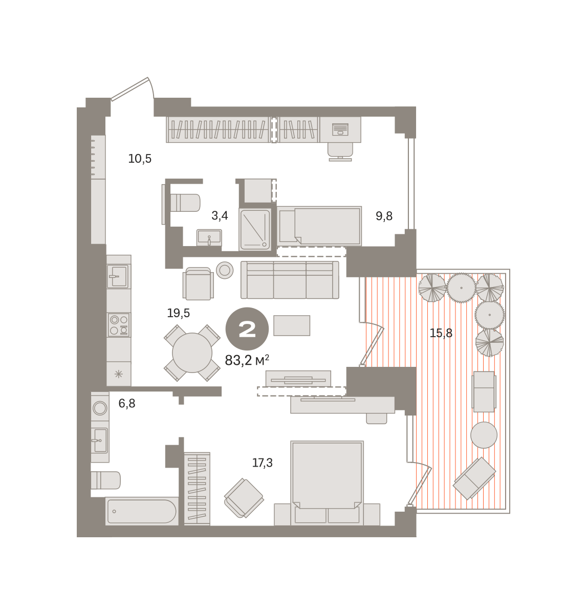 2 комн. Квартира 83.2 кв. м