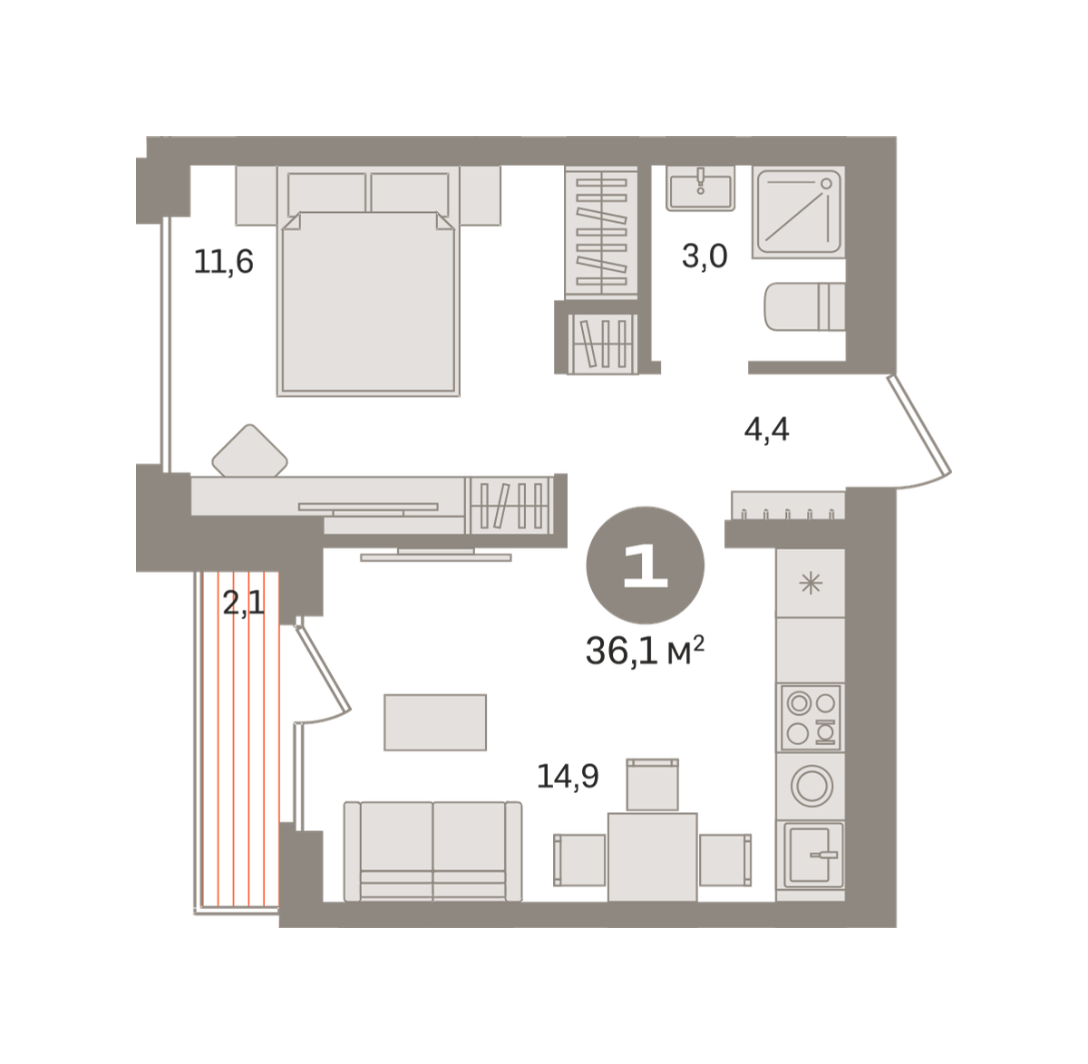 1 комн. Квартира 36.1 кв. м