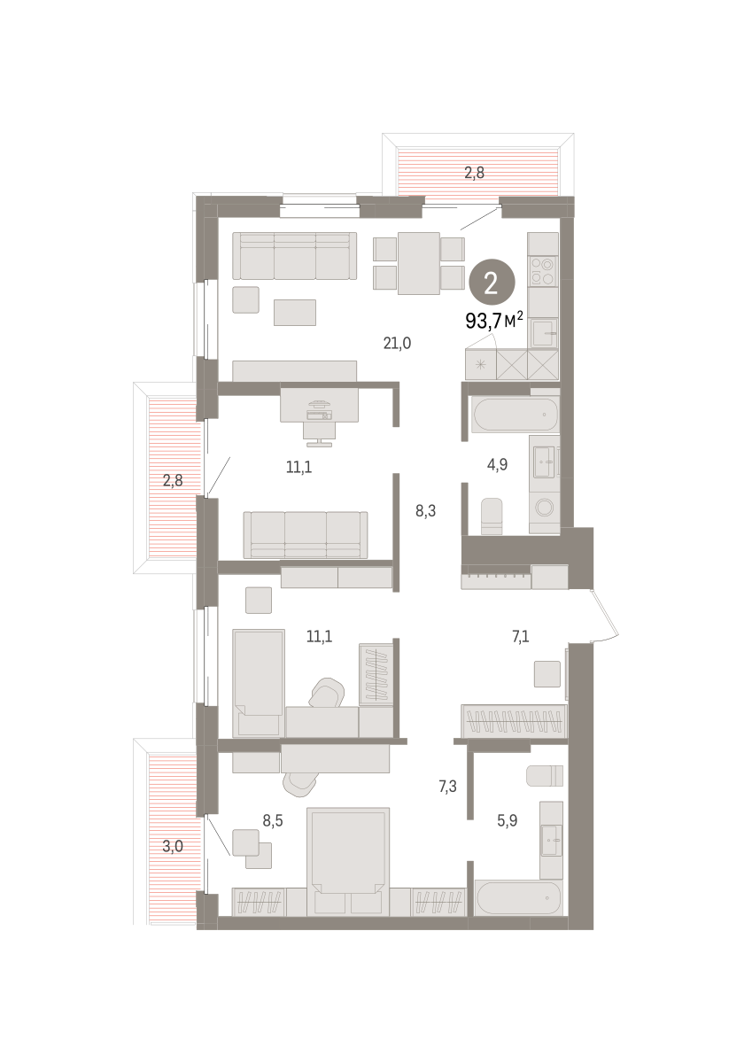 3-комнатная квартира, 93.71 кв.м, кварталы «Драверта»