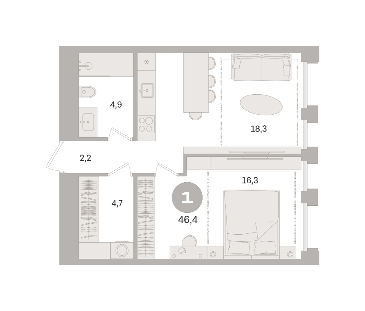 1 комн. Квартира 46.4 кв. м