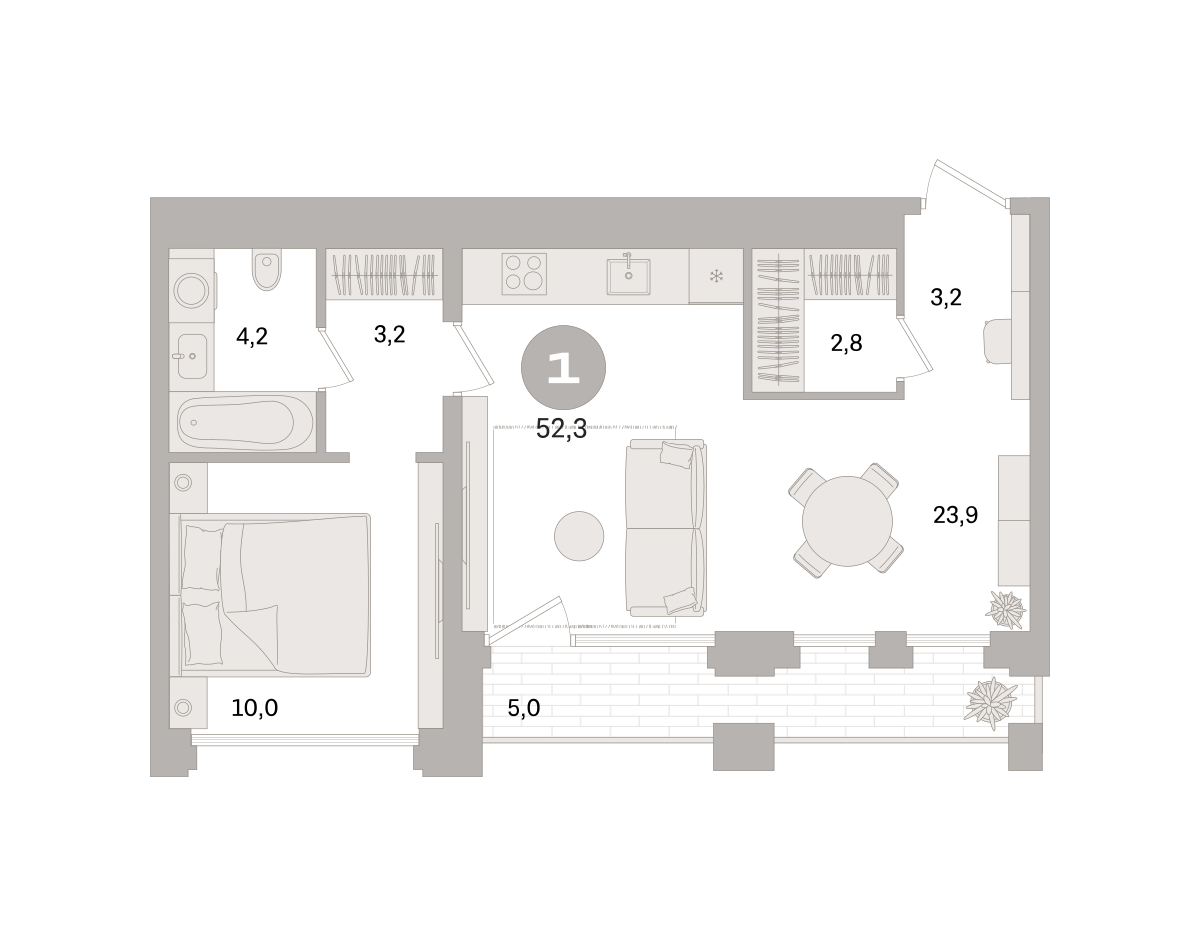 1 комн. Квартира 52.3 кв. м