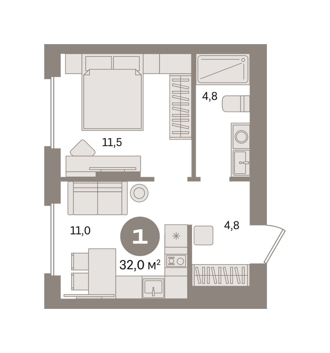 1 комн. Квартира 32 кв. м