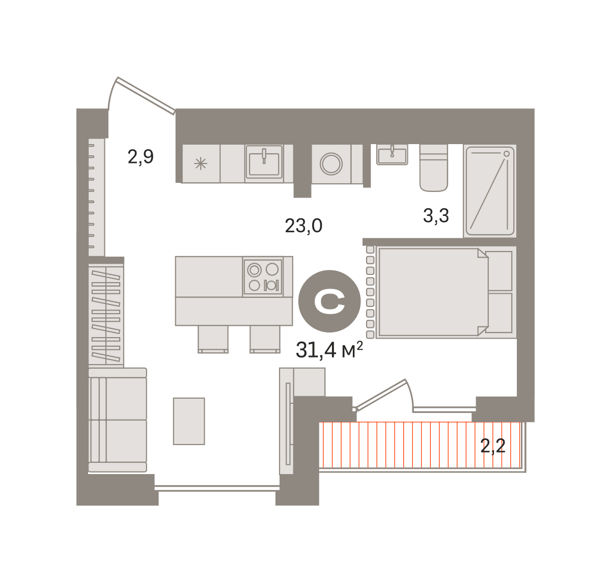 Квартира 31.4 кв. м