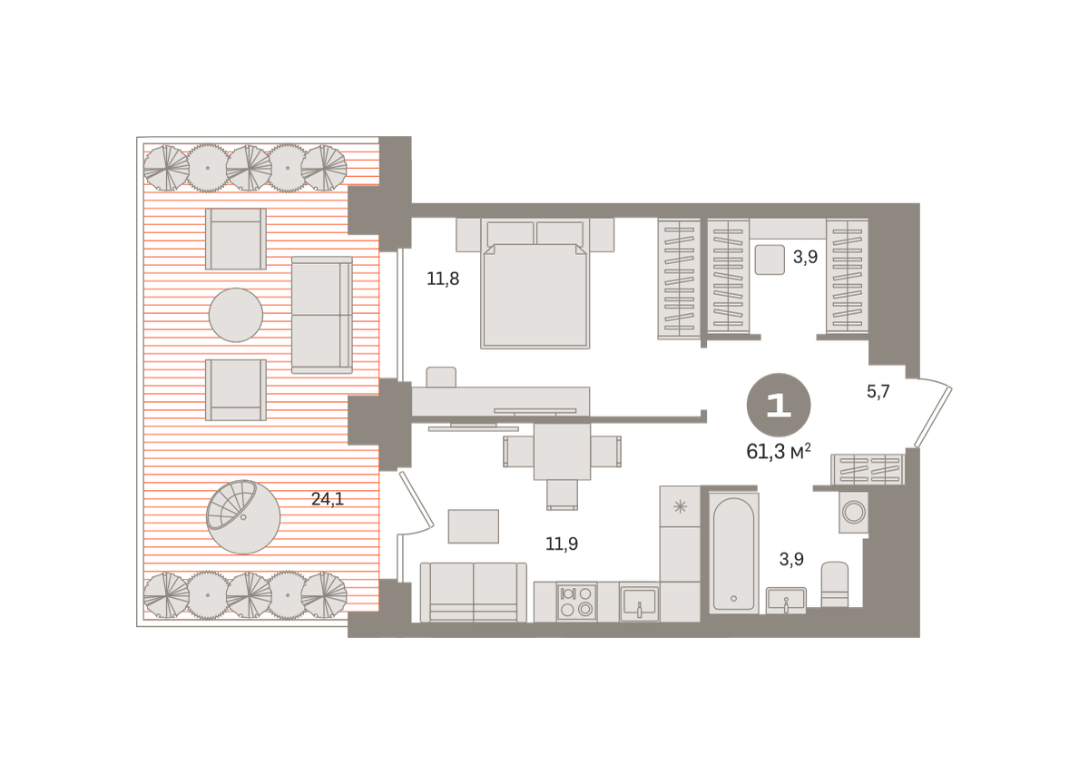 1 комн. Квартира 61.3 кв. м