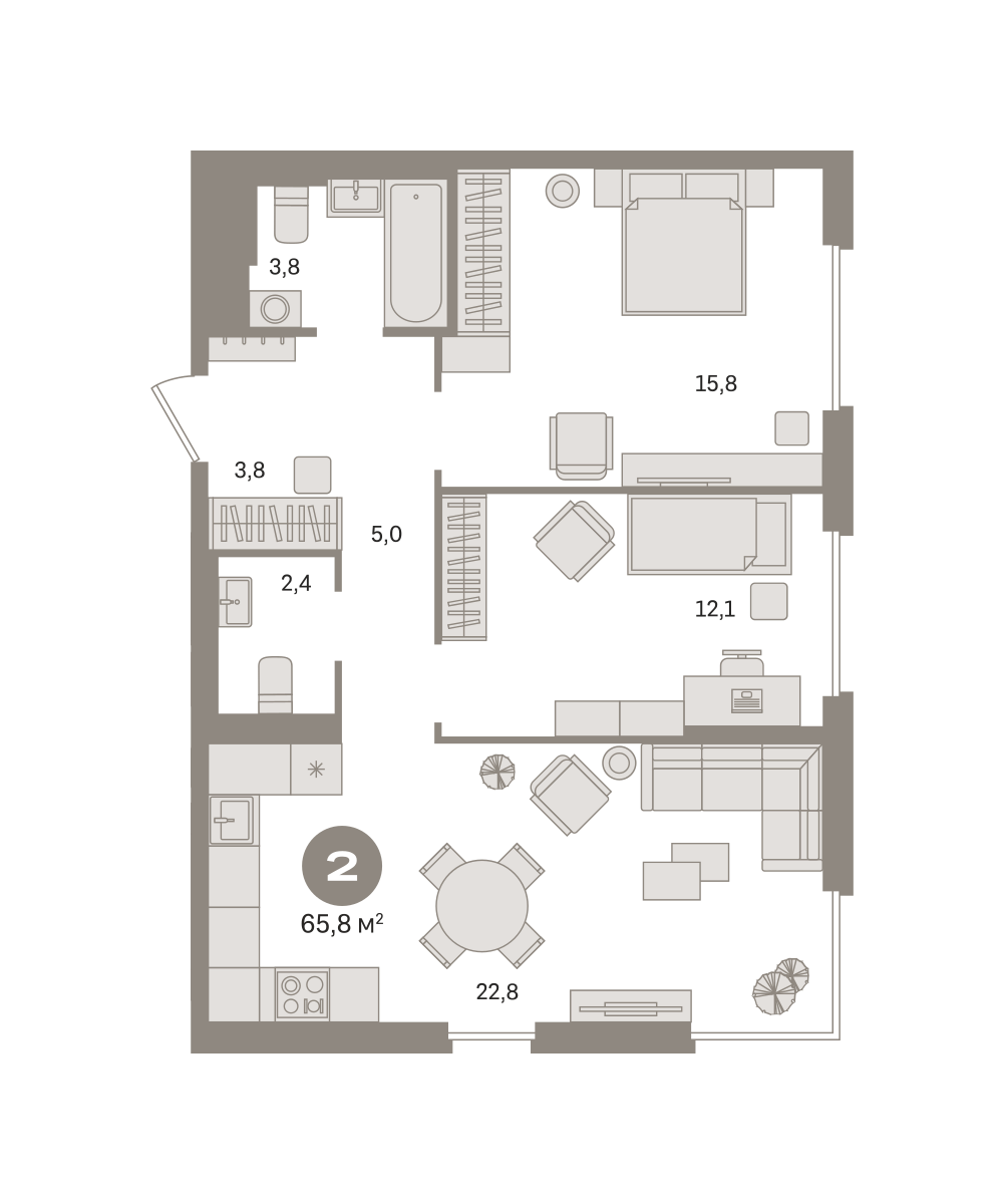 2 комн. Квартира 65.8 кв. м
