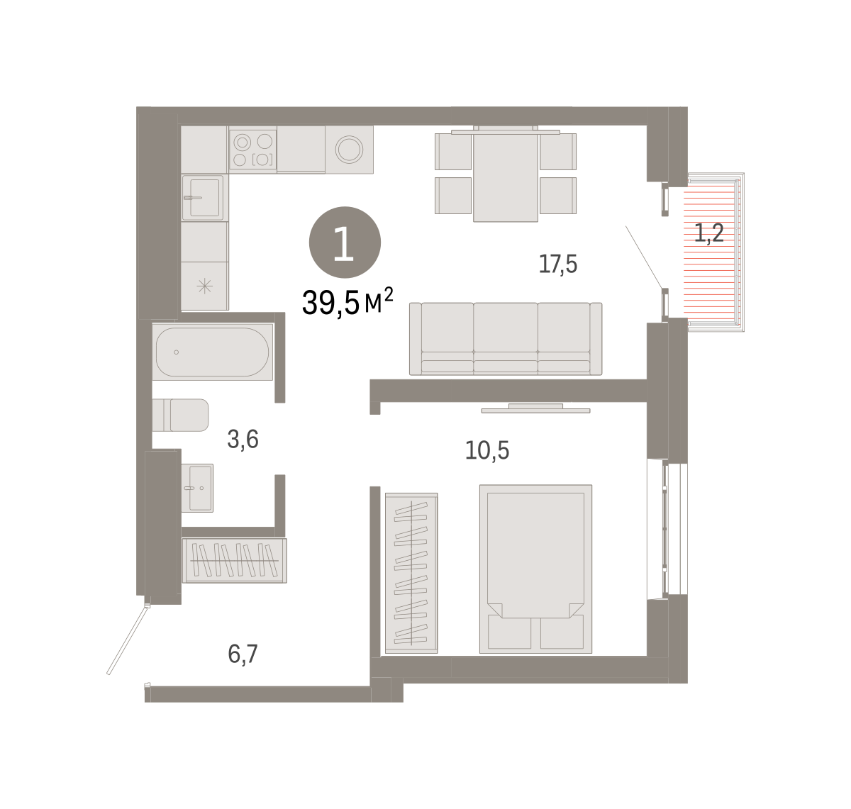 1 комн. Квартира 39.5 кв. м