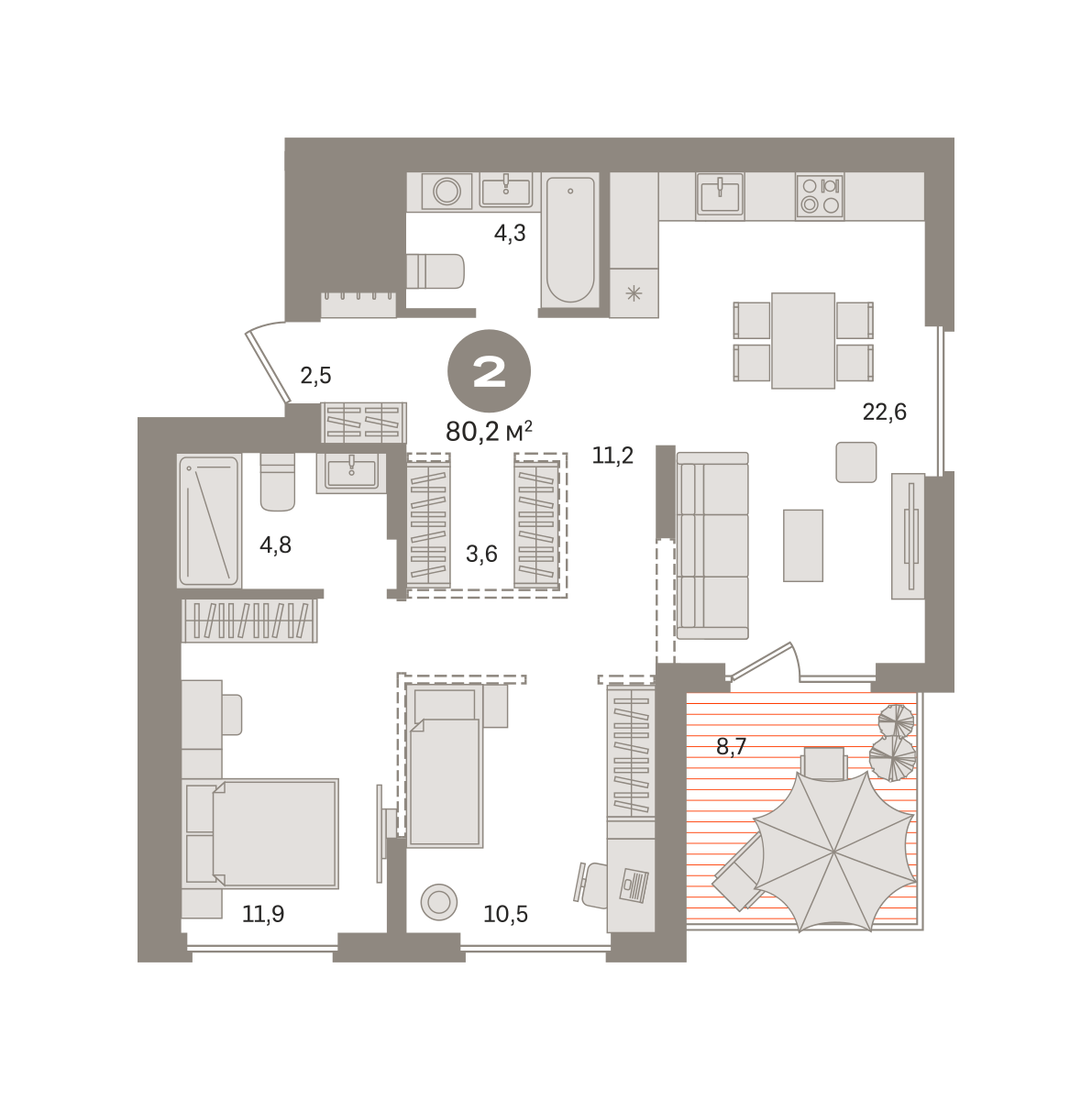 2 комн. Квартира 80.2 кв. м
