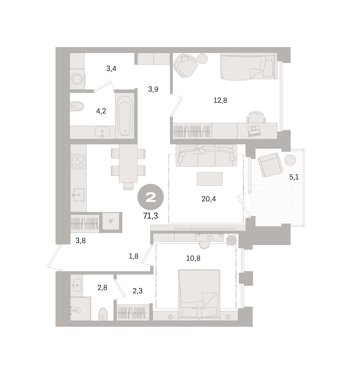 2 комн. Квартира 71.3 кв. м