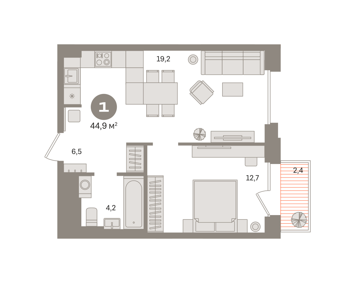 1 комн. Квартира 44.9 кв. м
