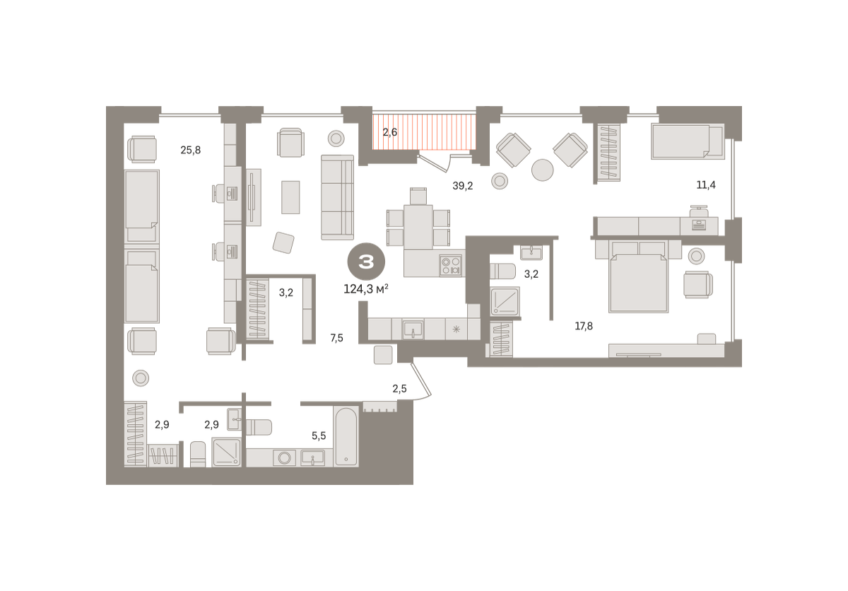 3 комн. Квартира 124.3 кв. м