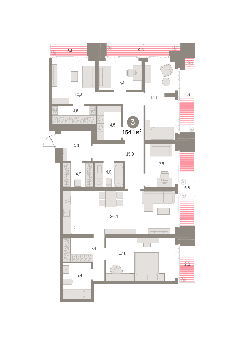 3 комн. Квартира 154.1 кв. м