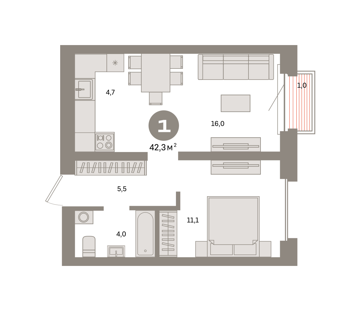 1 комн. Квартира 42.3 кв. м