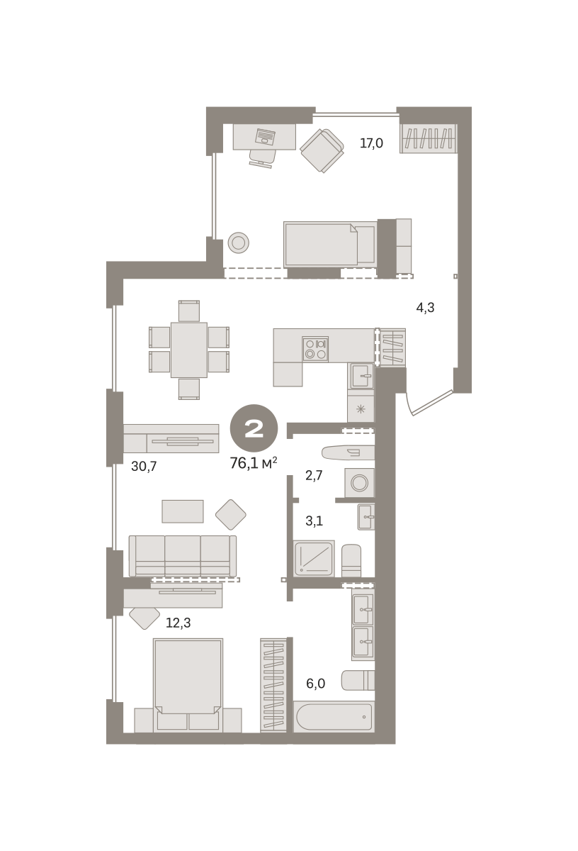2 комн. Квартира 76.1 кв. м