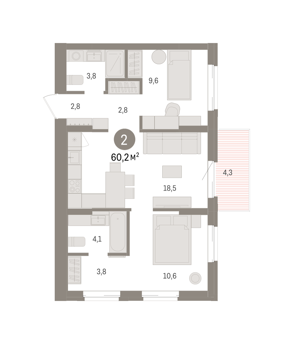 2-комнатная квартира, 60.18 кв.м, кварталы «Драверта»