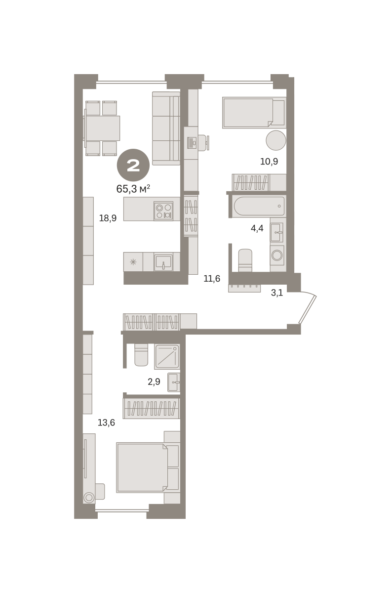 2 комн. Квартира 65.3 кв. м