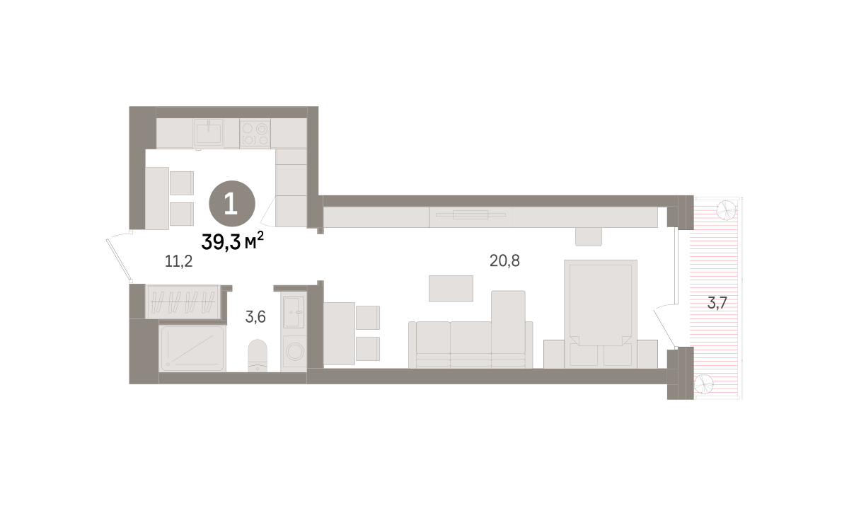 1 комн. Квартира 39.3 кв. м