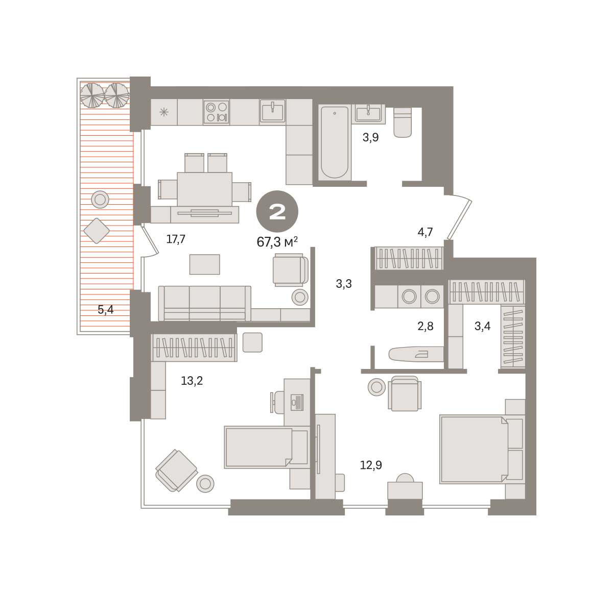 2 комн. Квартира 67.3 кв. м