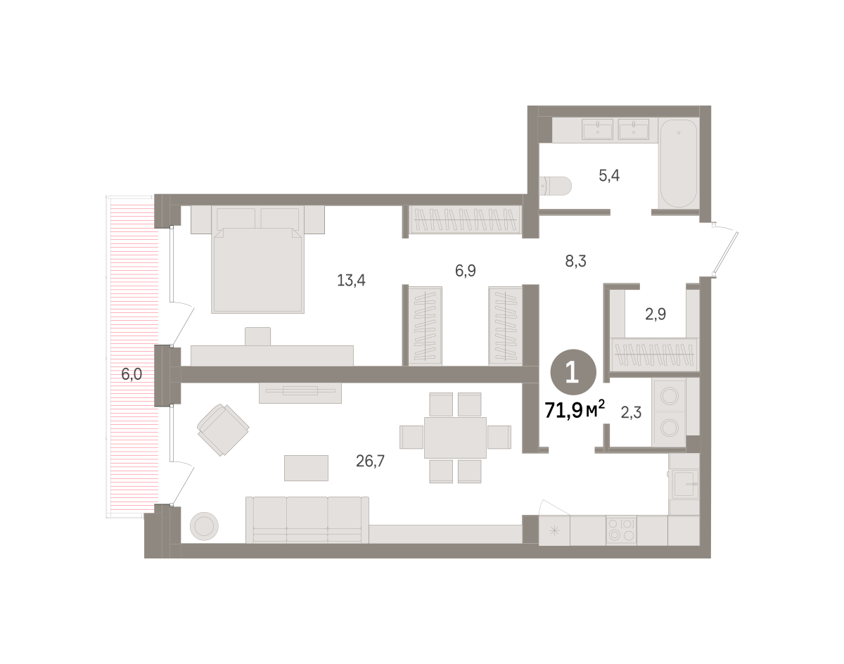 1 комн. Квартира 71.9 кв. м