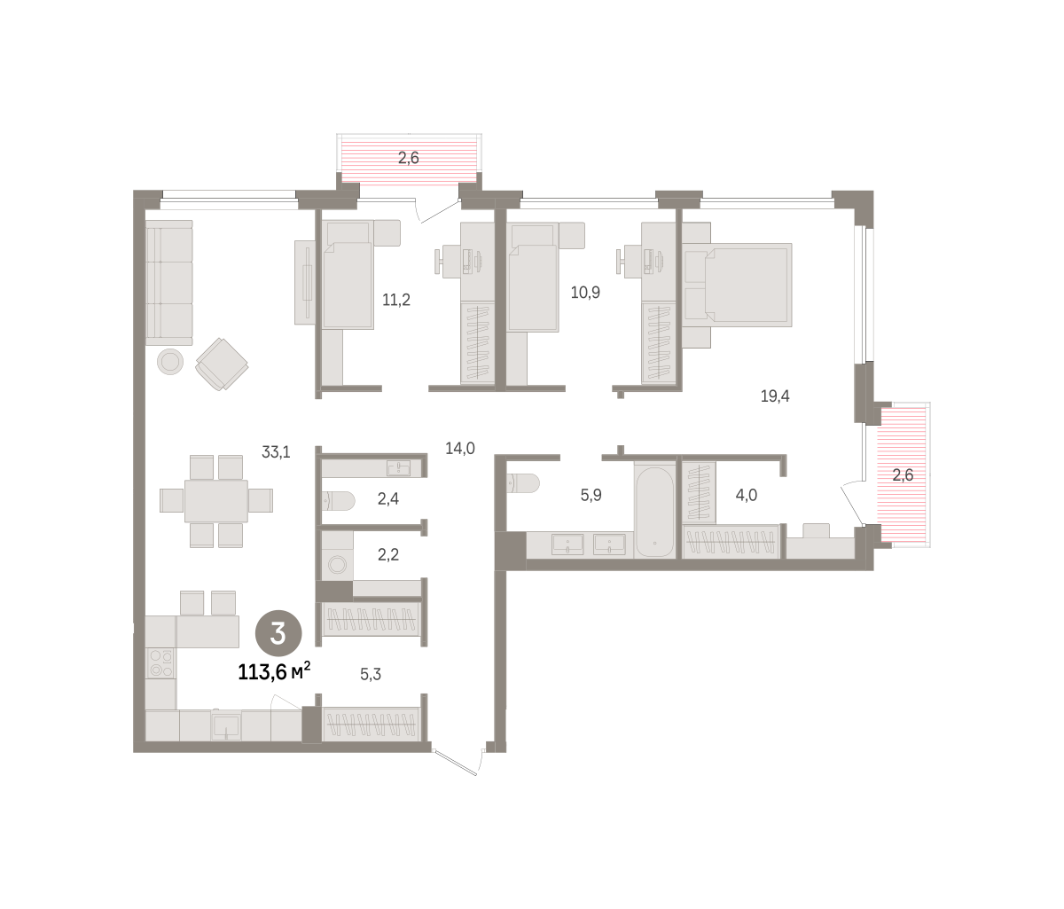 3 комн. Квартира 113.6 кв. м