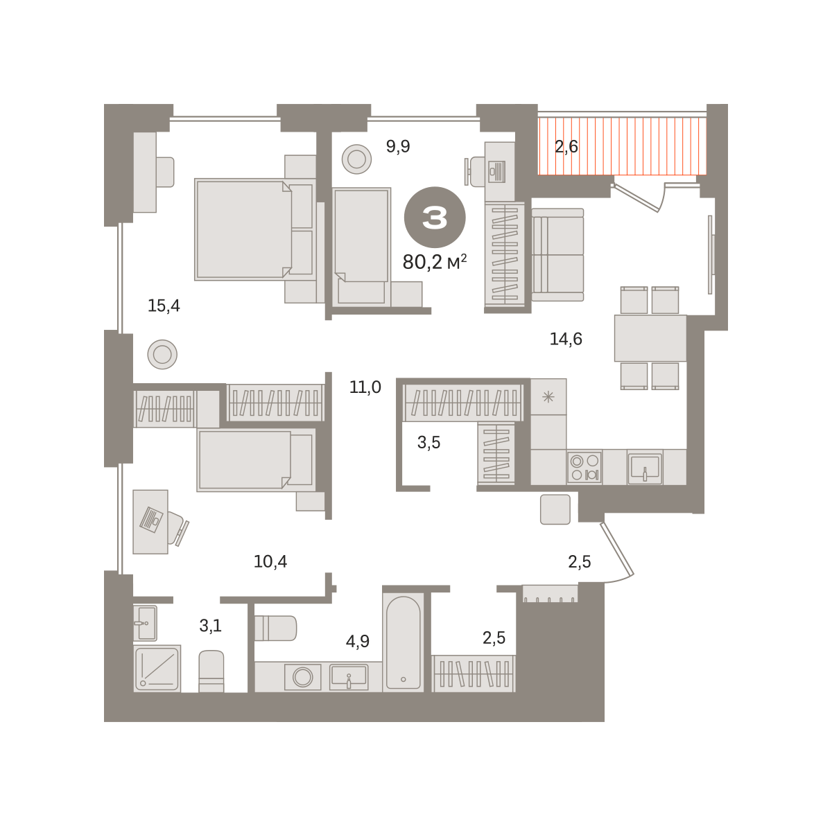 3 комн. Квартира 80.2 кв. м