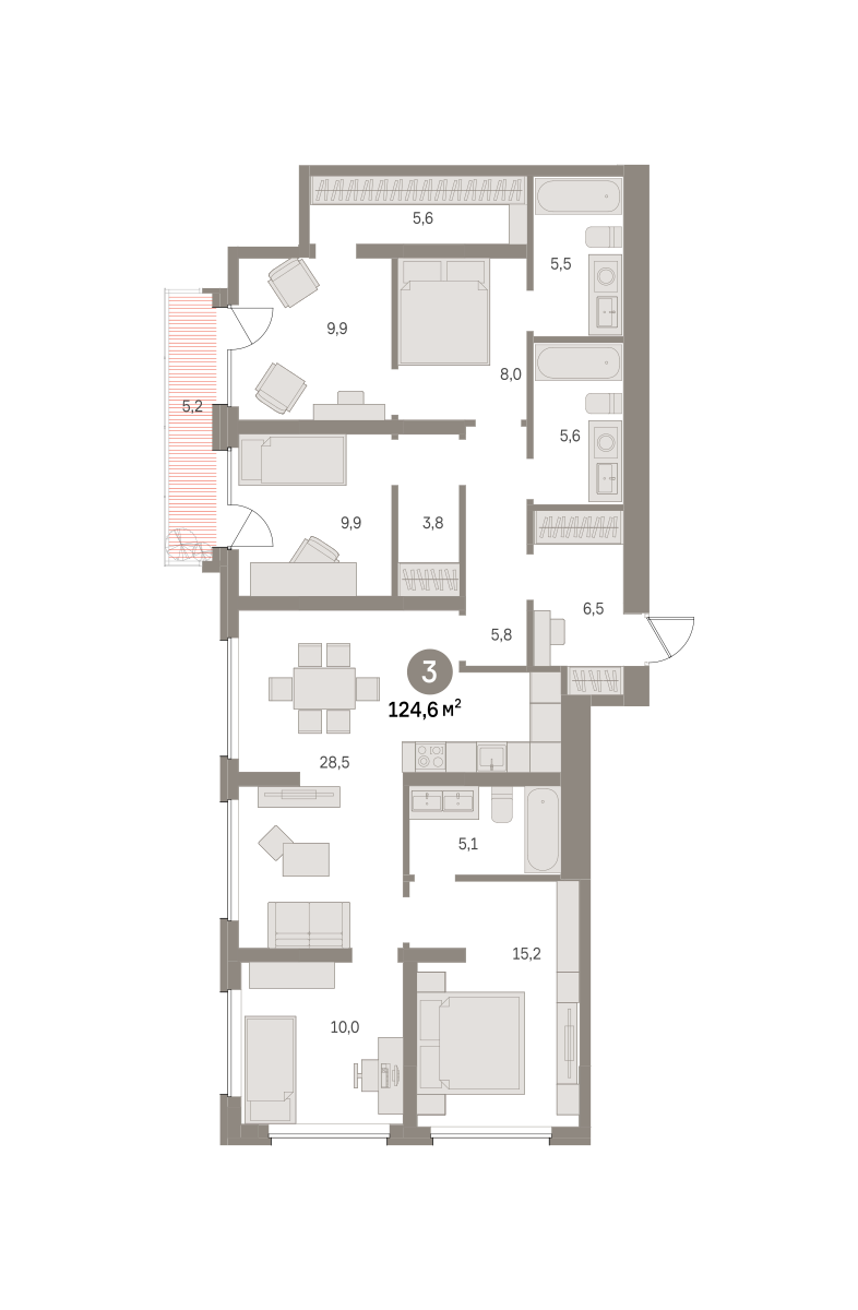 3 комн. Квартира 124.6 кв. м