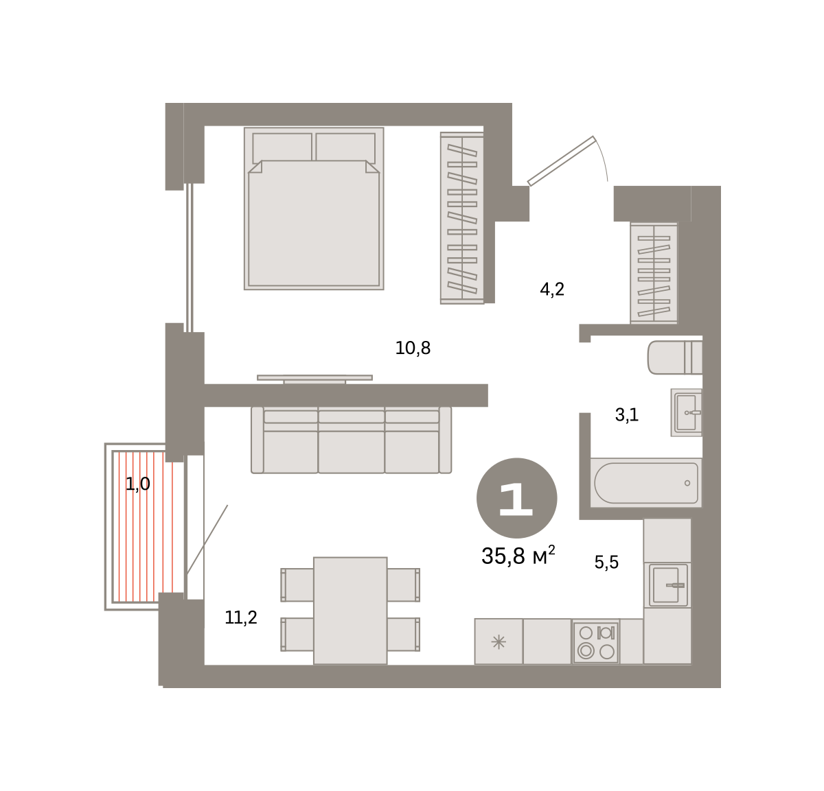 1 комн. Квартира 35.8 кв. м