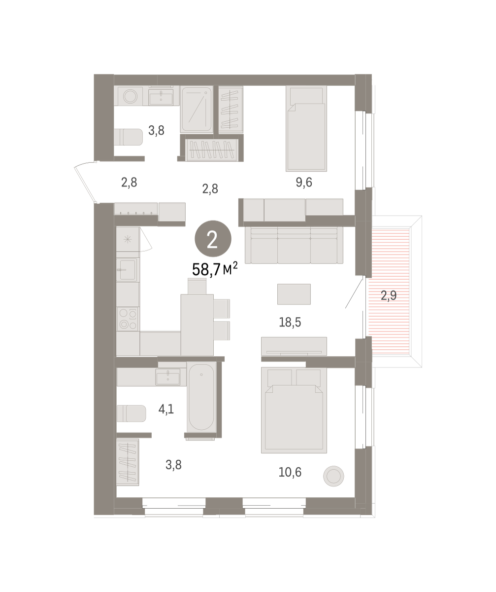 2-комнатная квартира, 58.74 кв.м, кварталы «Драверта»