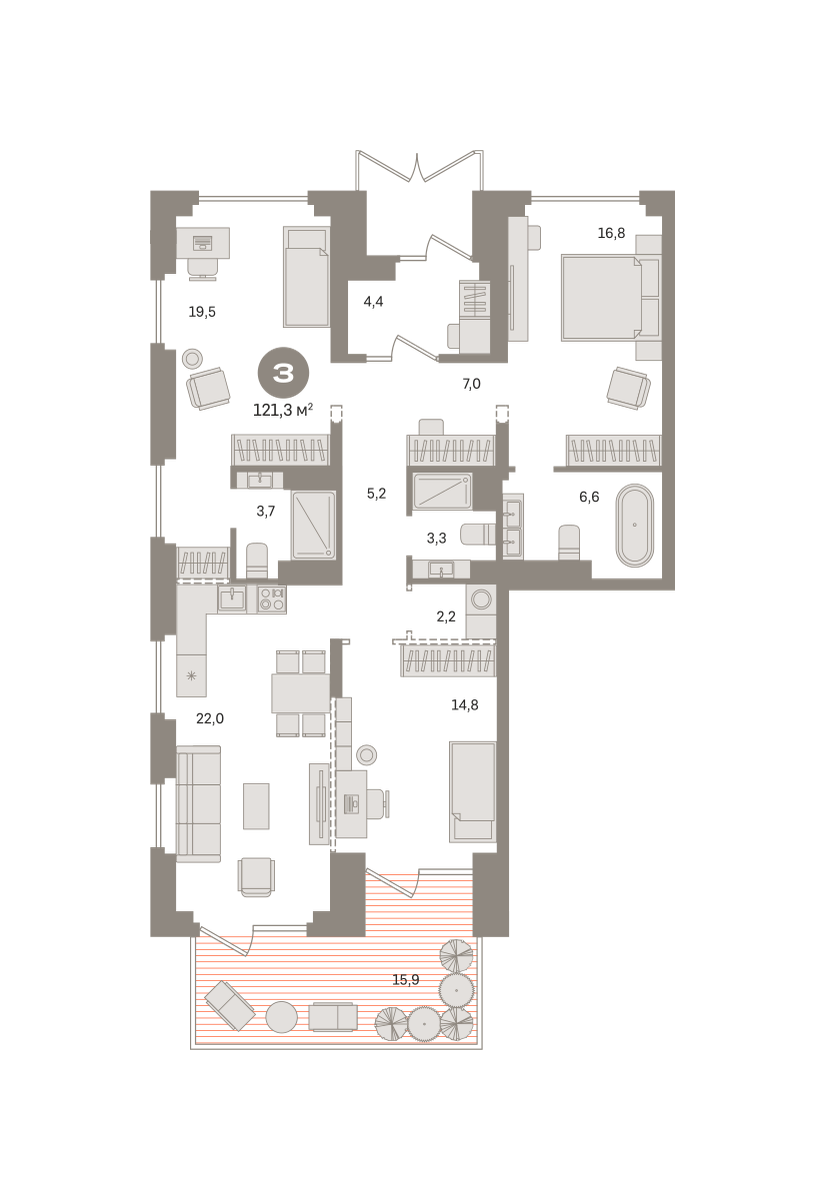 3 комн. Квартира 121.3 кв. м