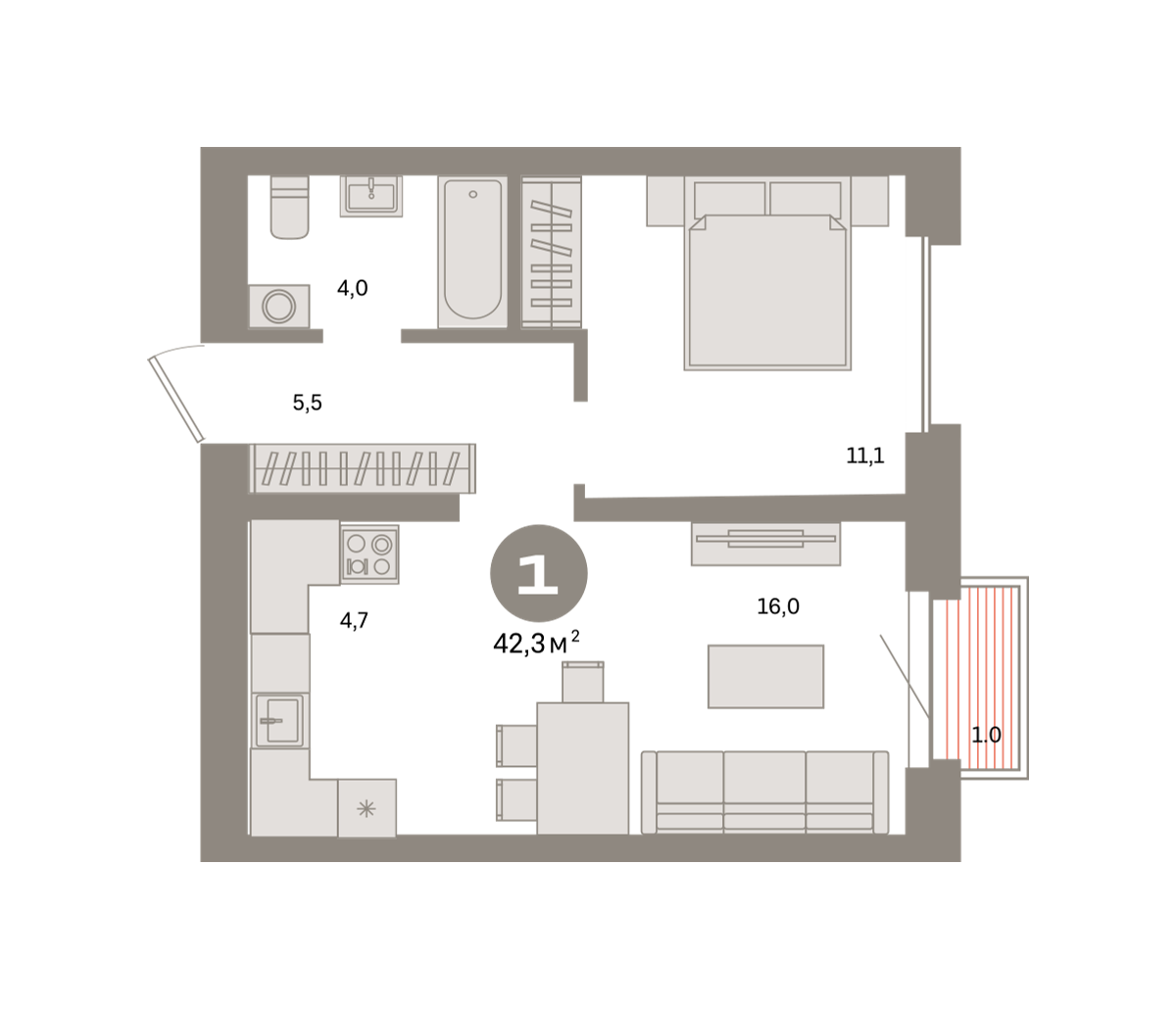 1 комн. Квартира 42.3 кв. м