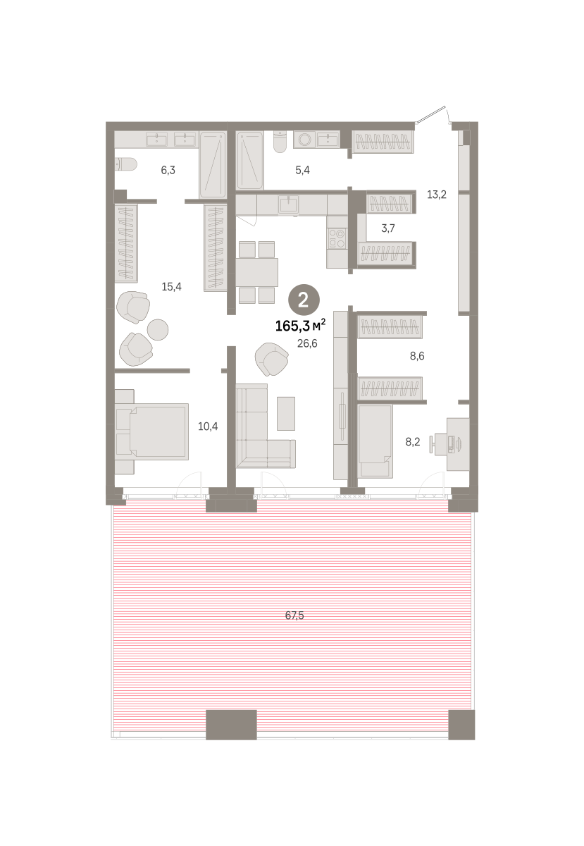 2 комн. Квартира 165.3 кв. м
