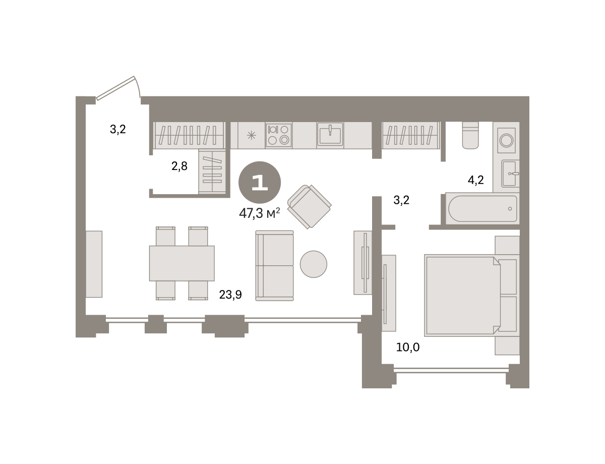 1 комн. Квартира 47.3 кв. м