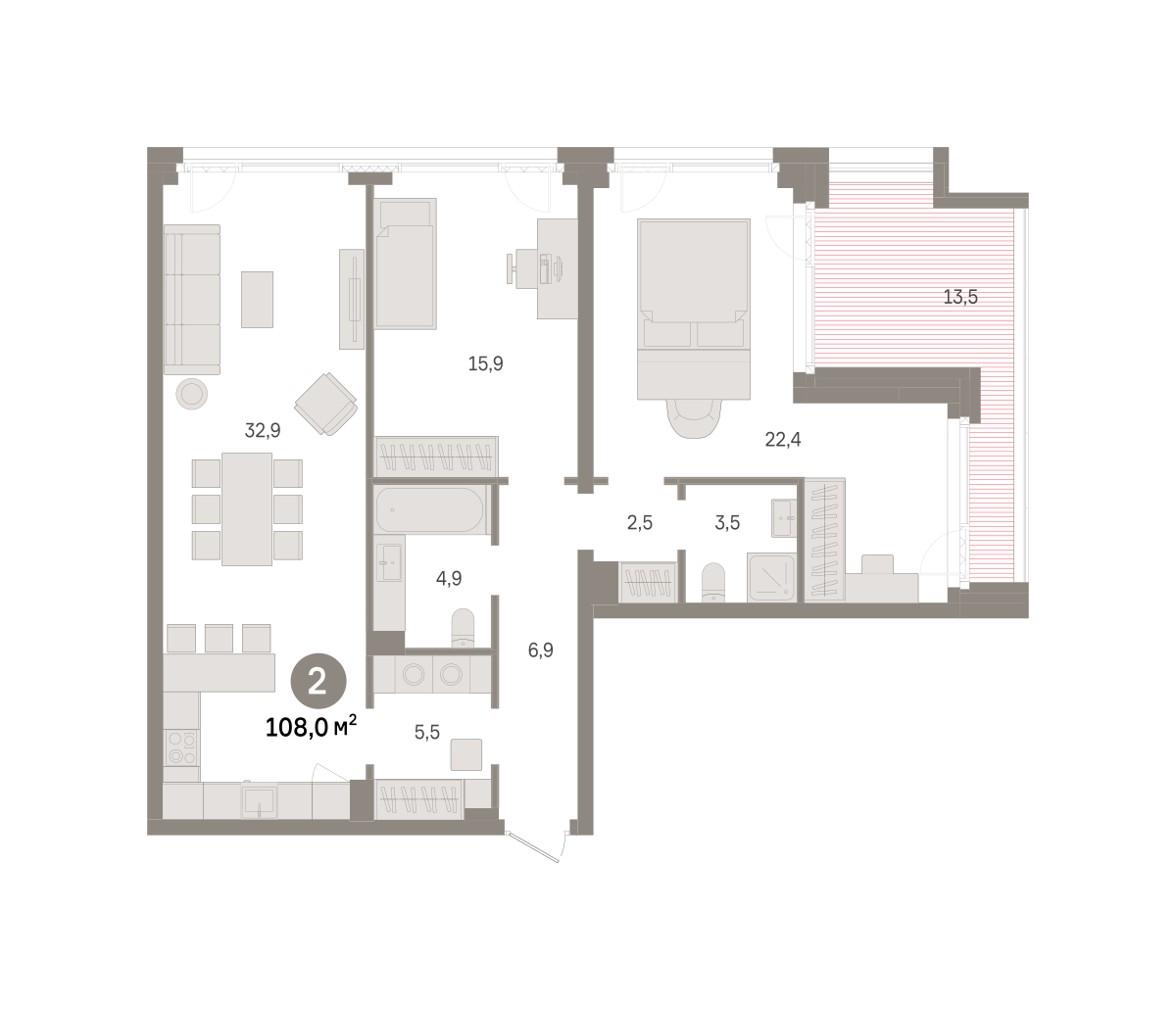 2 комн. Квартира 108 кв. м