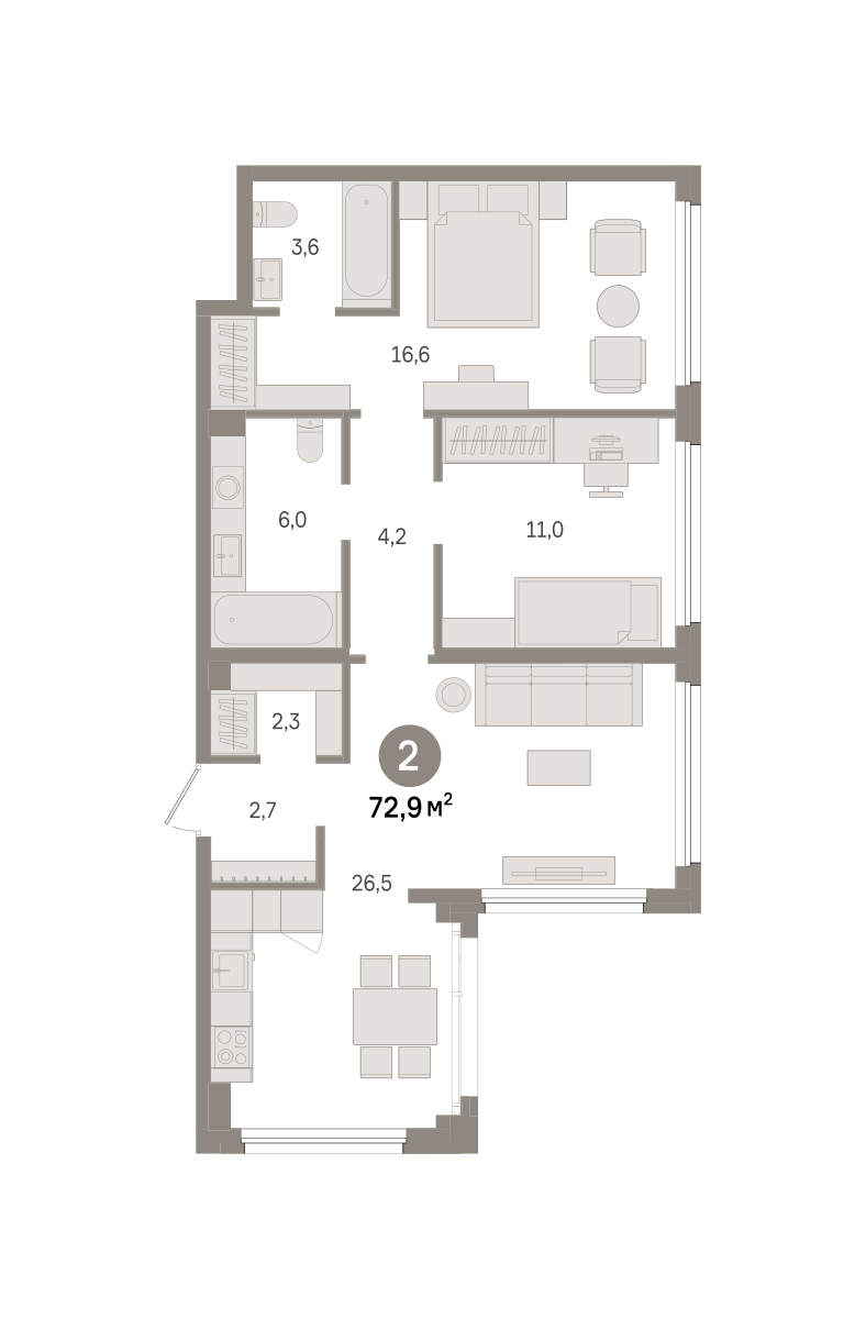 2 комн. Квартира 72.9 кв. м