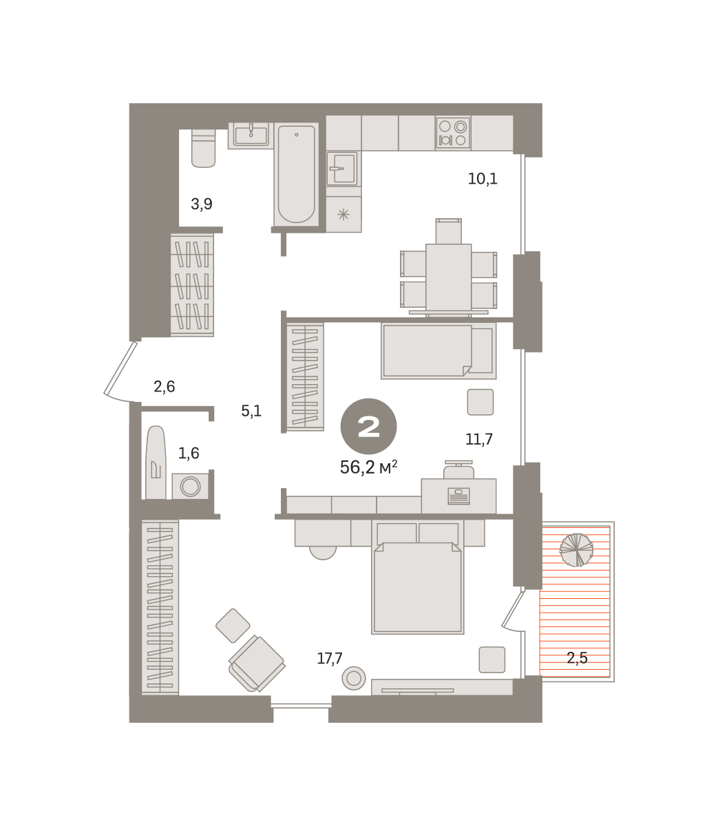 2 комн. Квартира 56.2 кв. м