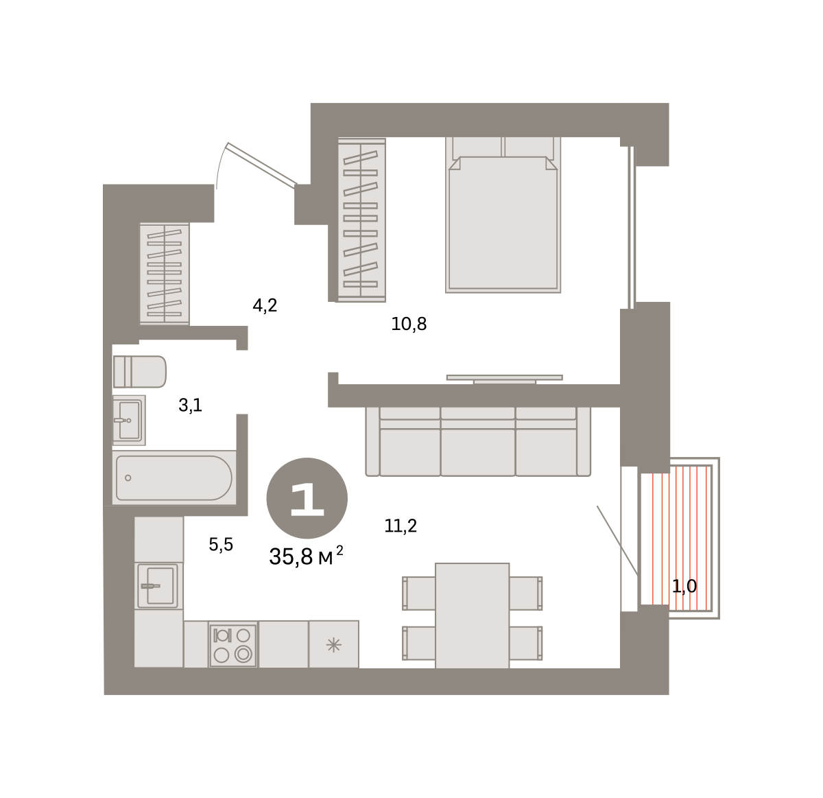 1 комн. Квартира 35.8 кв. м