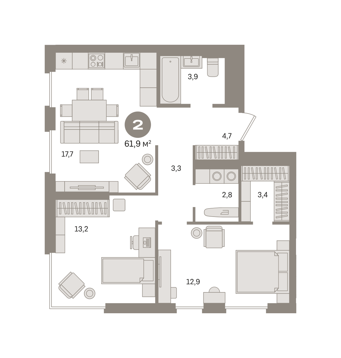 2 комн. Квартира 61.9 кв. м