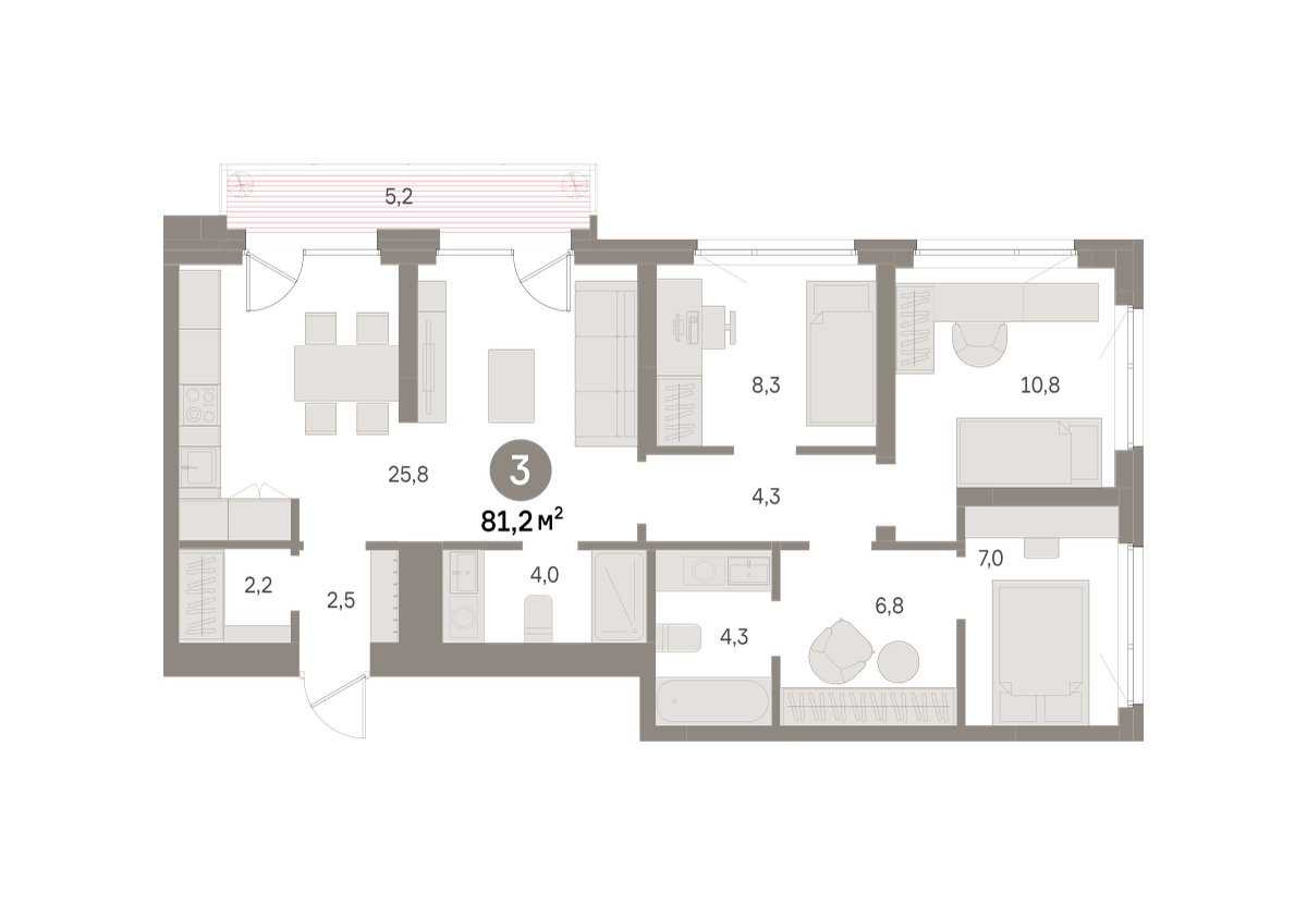3 комн. Квартира 81.2 кв. м