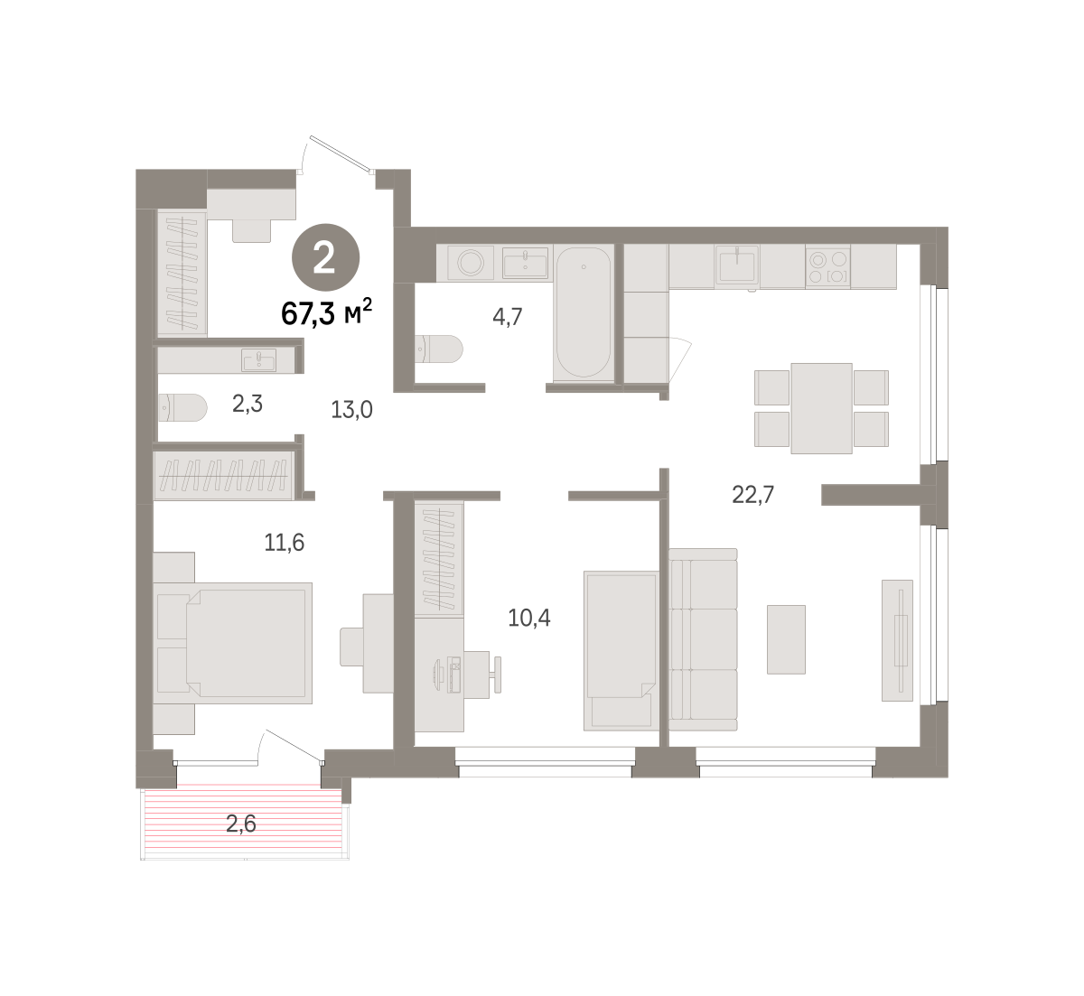 2 комн. Квартира 67.3 кв. м