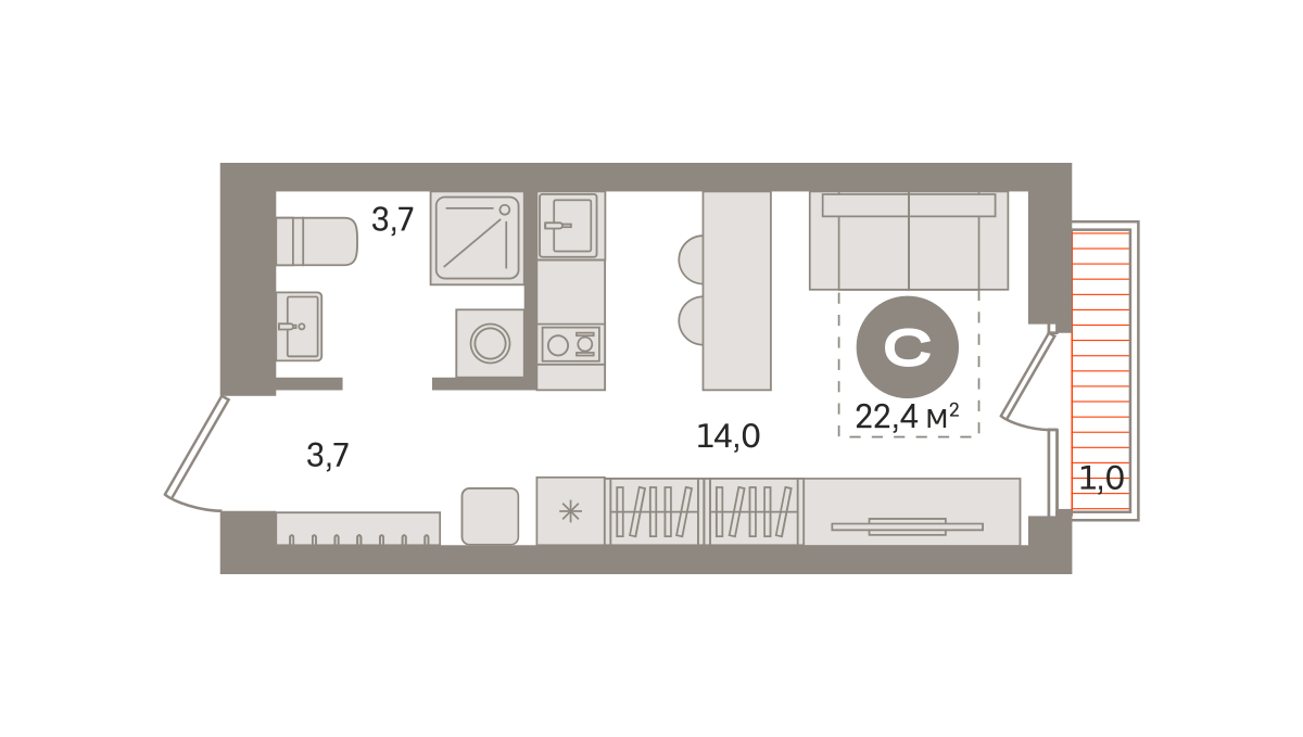 Квартира 22.4 кв. м