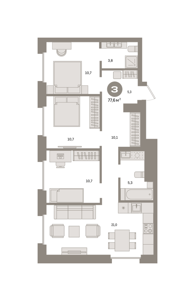 3 комн. Квартира 77.6 кв. м