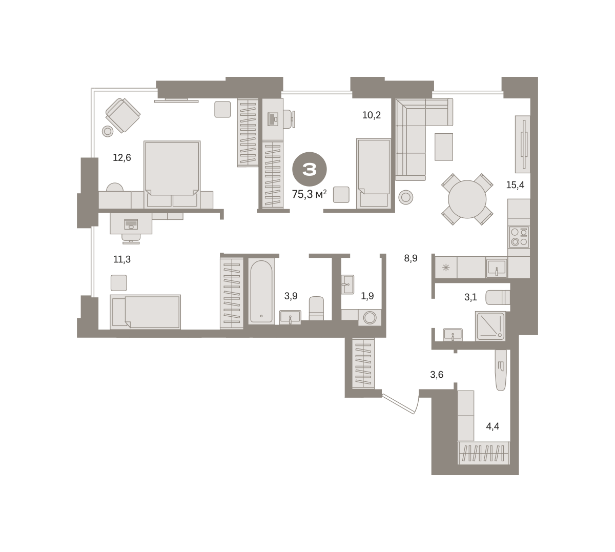 3 комн. Квартира 75.3 кв. м
