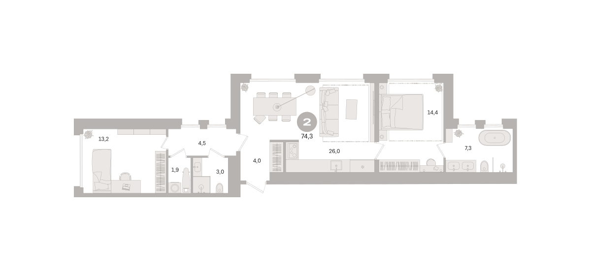 2 комн. Квартира 74.3 кв. м