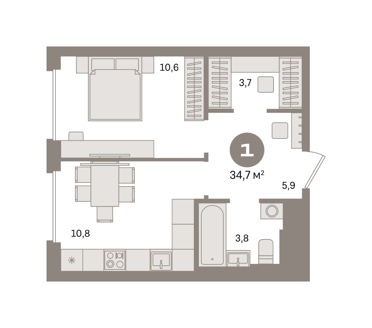 1 комн. Квартира 34.7 кв. м